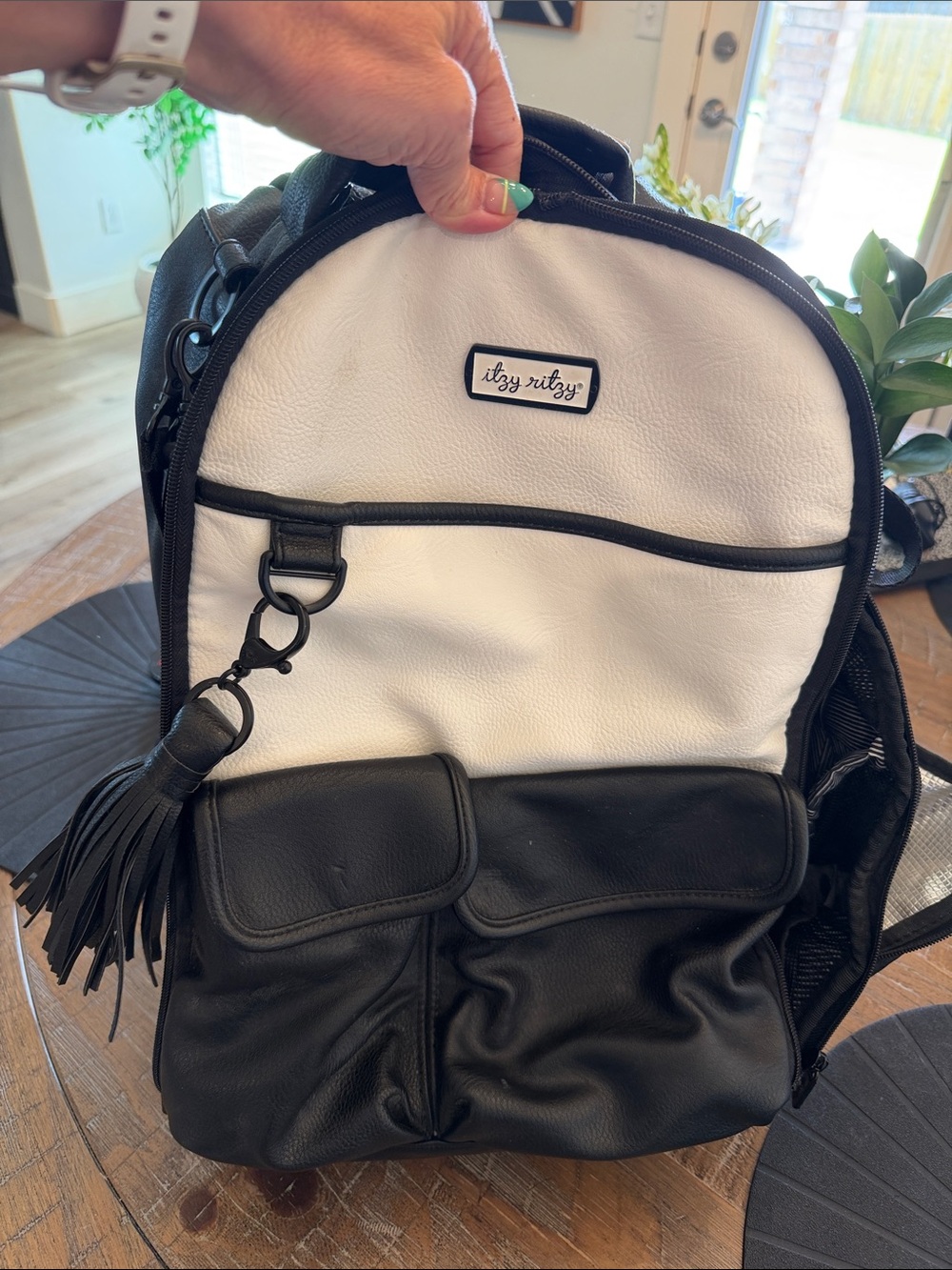 Itzy Ritzy Black & White Leatherette Men’s Backpack with Tassel Accent